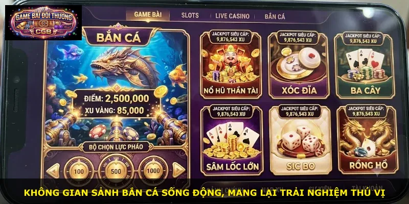 Không gian sảnh bắn cá sống động, mang lại trải nghiệm thú vị